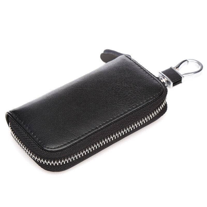 Leather Key Holder Bag with Key Ring, 12 x 7.5 x 2.5cm - Black