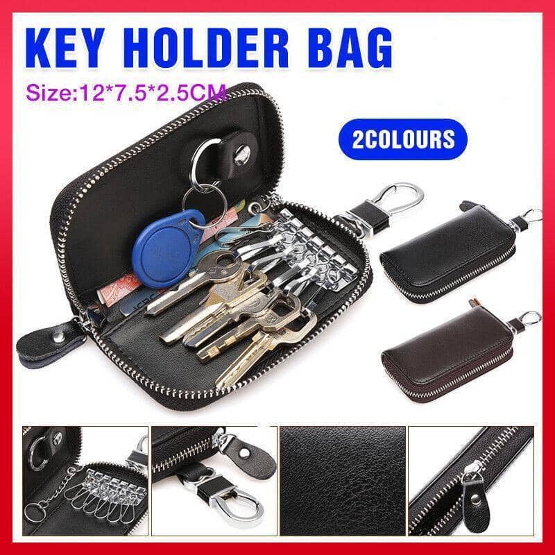 Leather Key Holder Bag with Key Ring, 12 x 7.5 x 2.5cm - Black - view 2