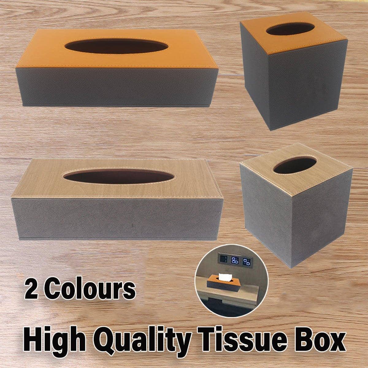 Leather Tissue Box Holder, Rectangular (24 x 12.5 x 6.5 cm) - Orange and Dark Grey - view 2