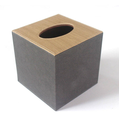 Leather Tissue Box Holder, Square (13 x 13 x 13 cm) - Brown and Dark Grey