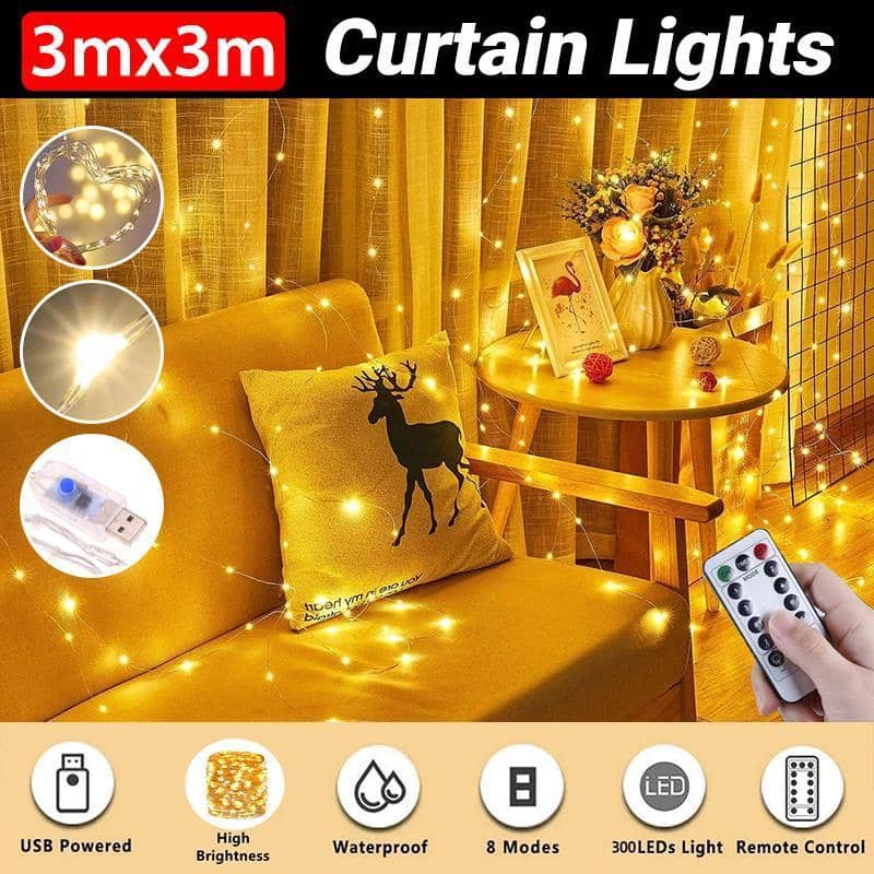 LED Curtain Fairy String Lights, 3 m x 3 m, 300 LEDs - Warm White