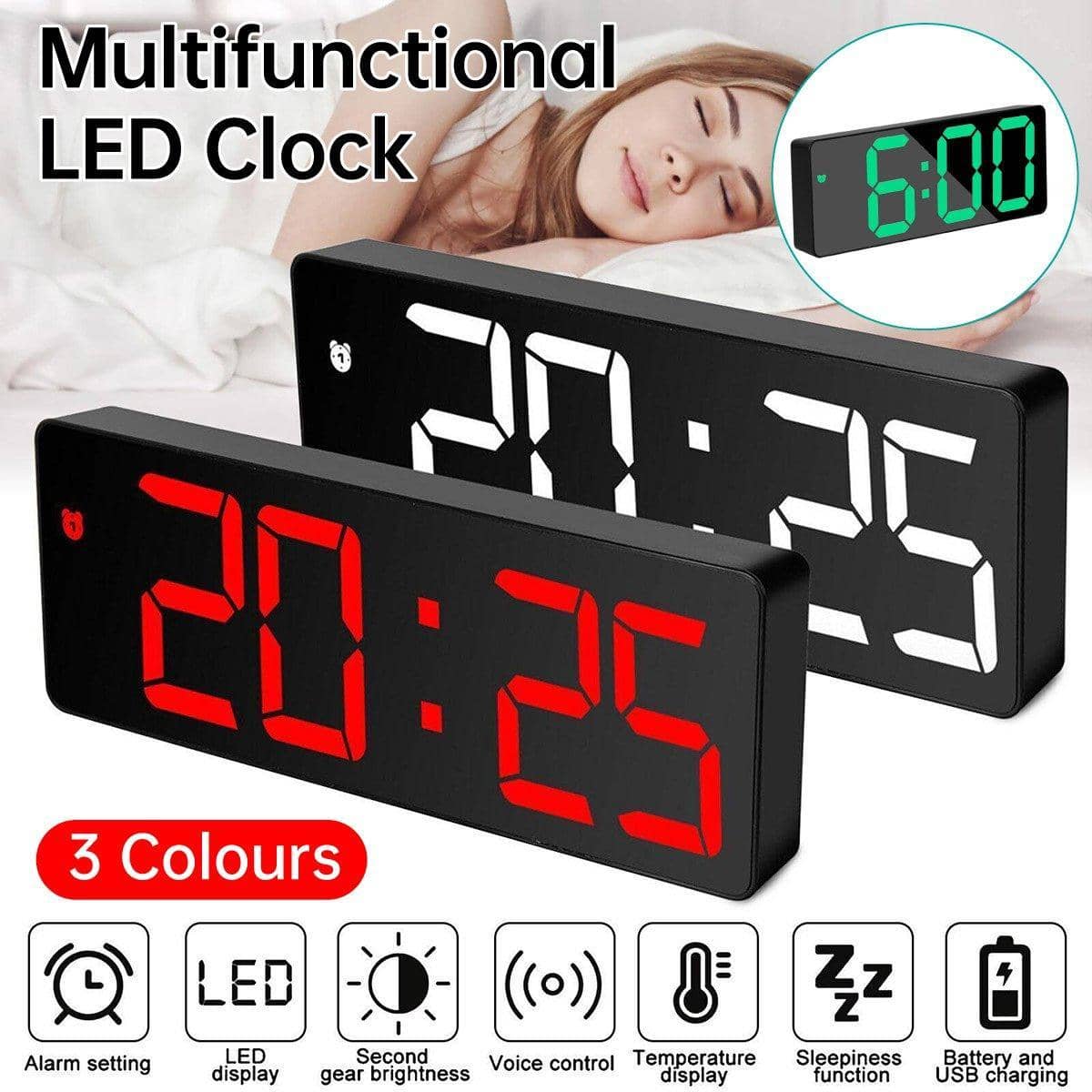 LED Digital Alarm Clock with Large Display and Temperature - Green - view 2