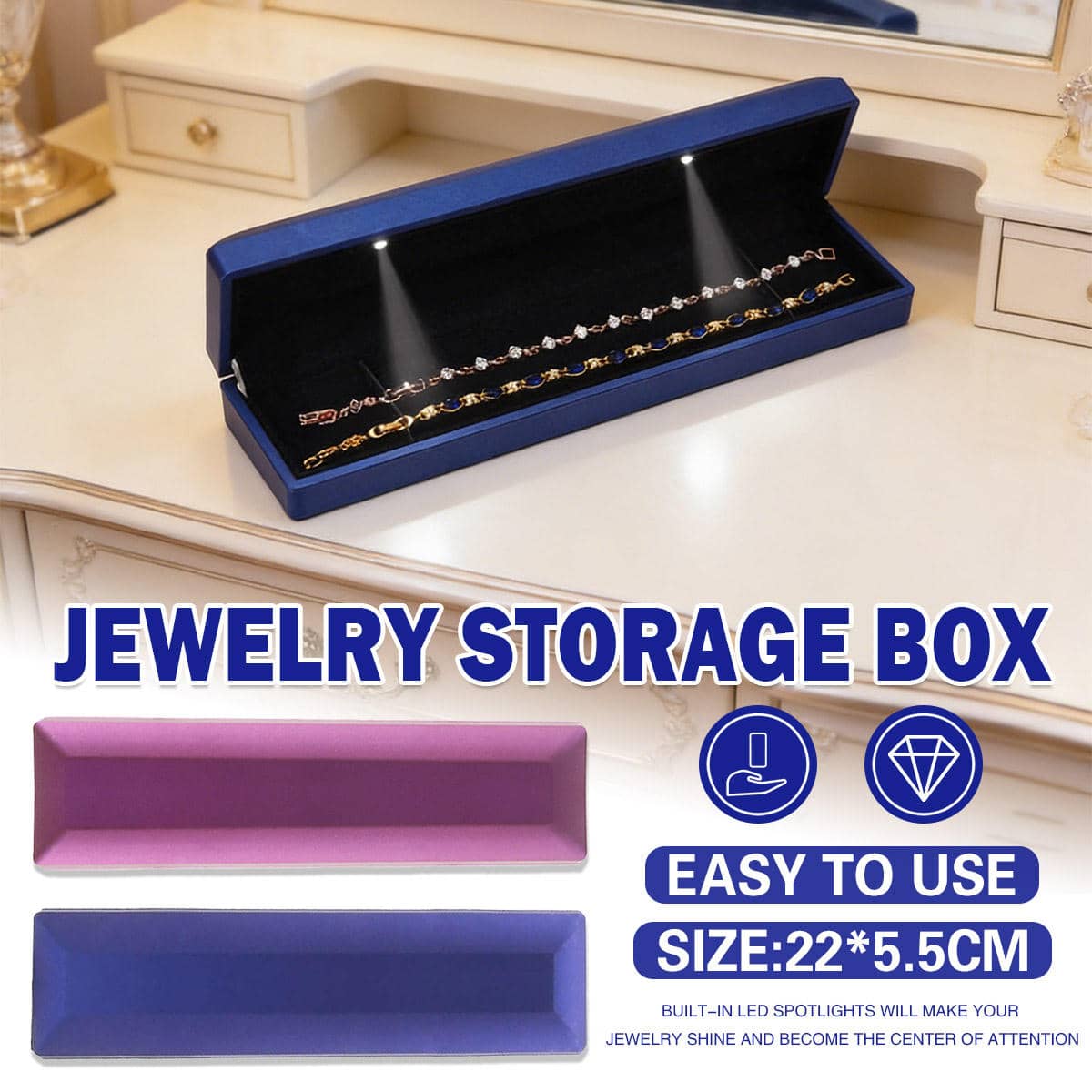 LED Light Jewellery Storage Box for Necklace Display - Blue - view 2