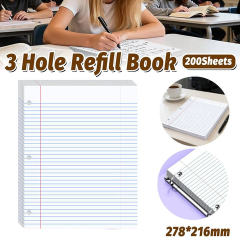 Letter Size 3 Hole Lined Refill Paper - 200 Sheets, 278 x 216mm