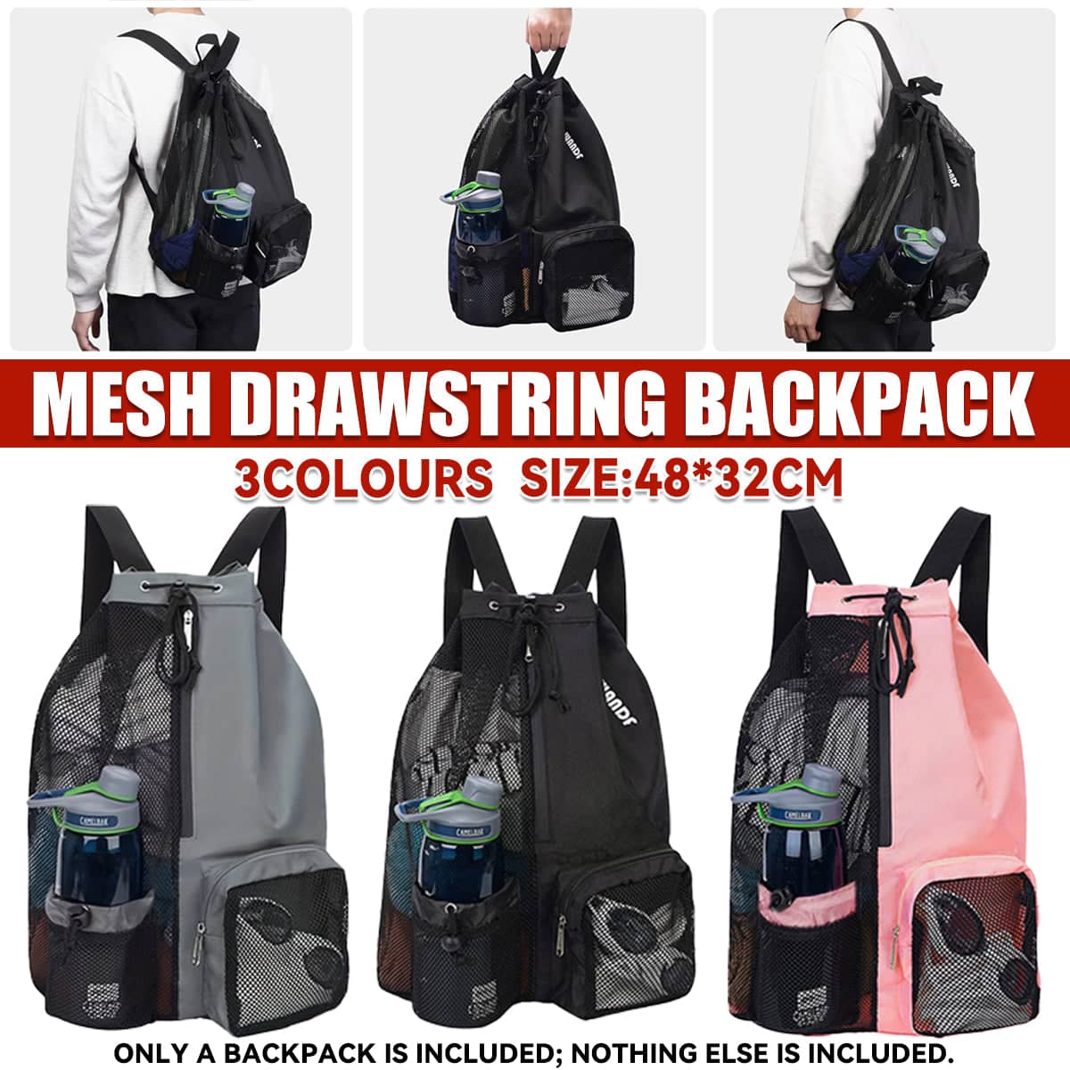 Lightweight Mesh Drawstring Backpack for Gym, Swimming and Beach - Black - view 2