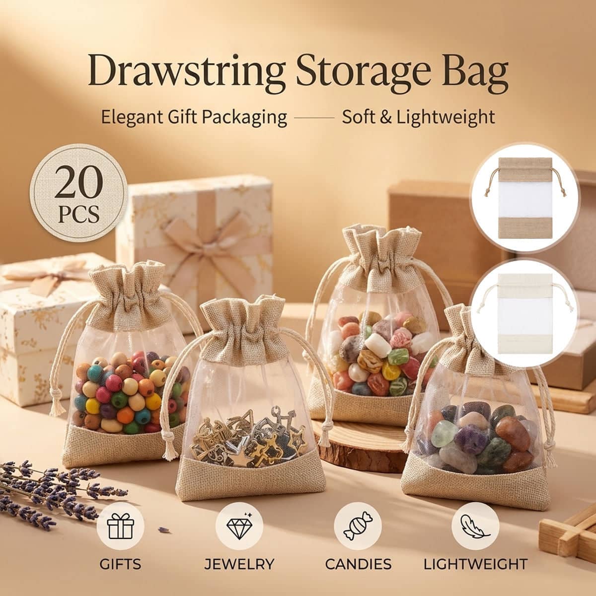 Linen Mesh Drawstring Bags 20 Pack - Small 10 x 15.5cm, Brown - view 2