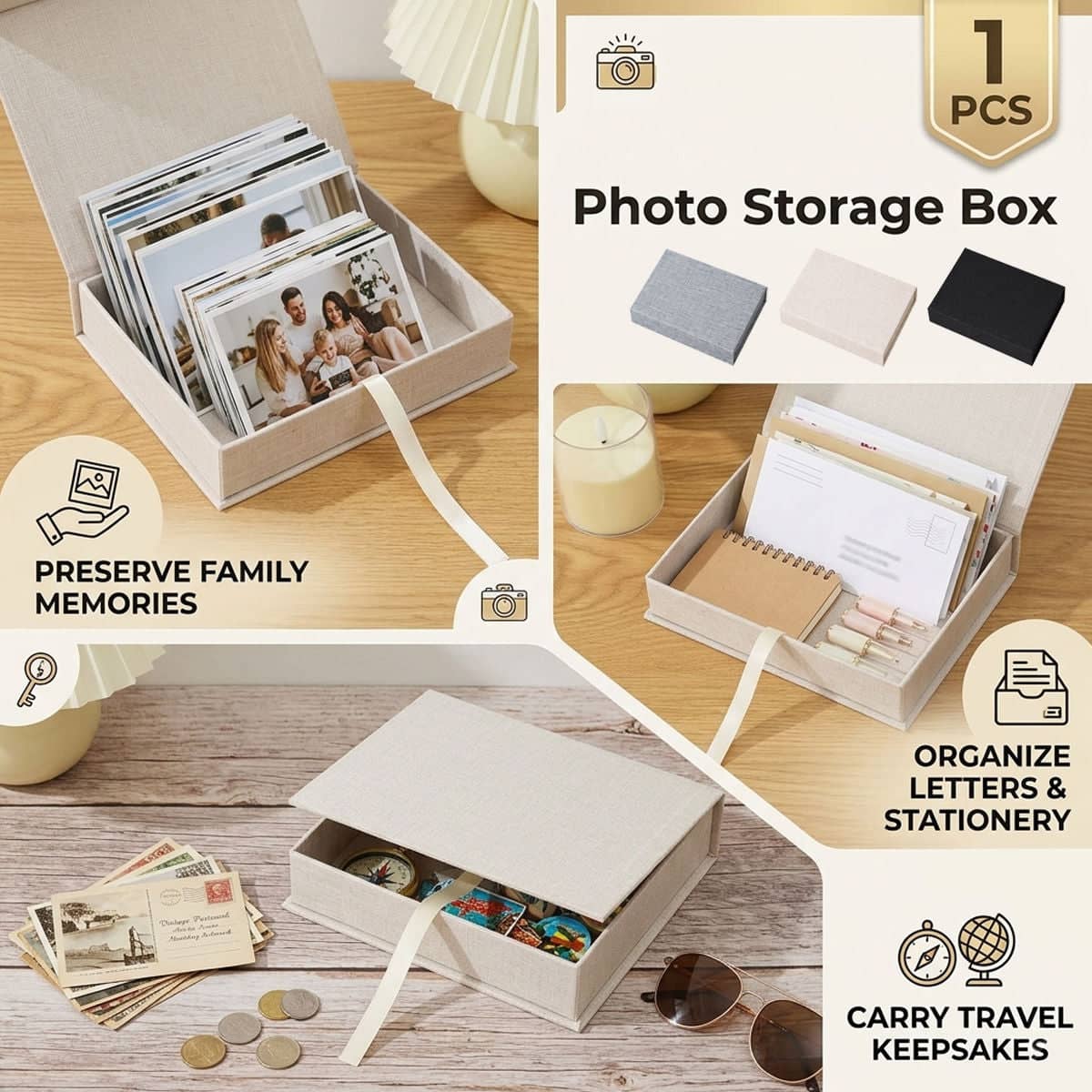 Linen Photo Storage Box with Flip Lid and Ribbon - Black - view 2
