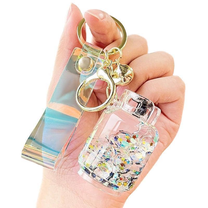 Liquid Quicksand Glitter Keychain with Bell and Strap - Black