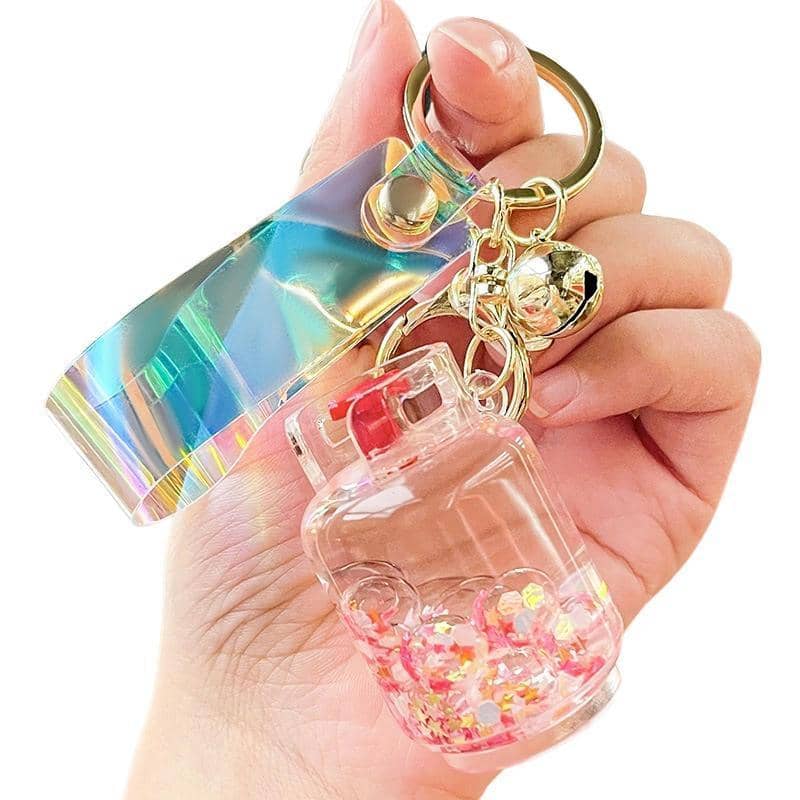 Liquid Quicksand Glitter Keychain with Bell and Strap - Red