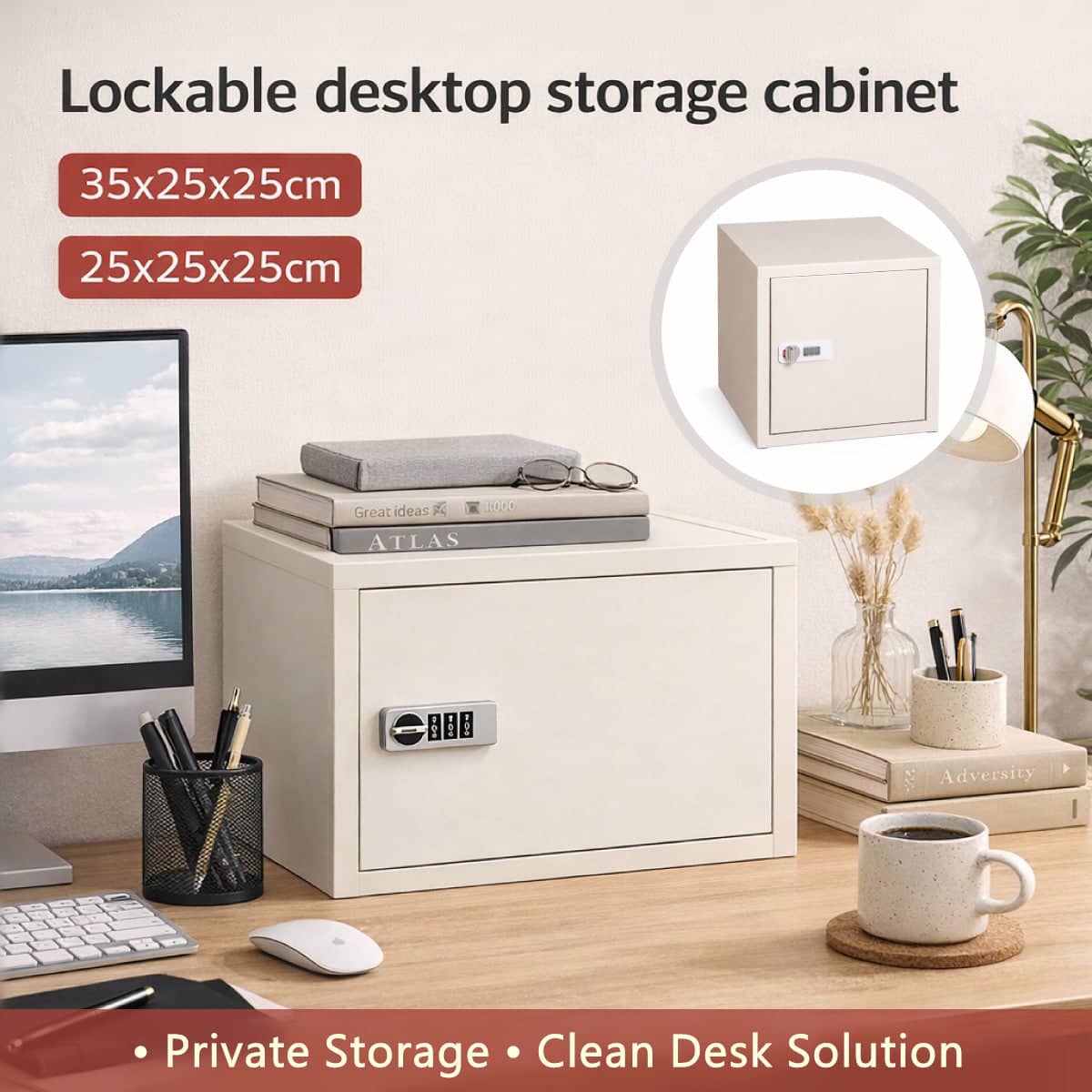 Lockable Desktop Storage Cabinet - 35 x 25 x 25 cm, off-White - view 2