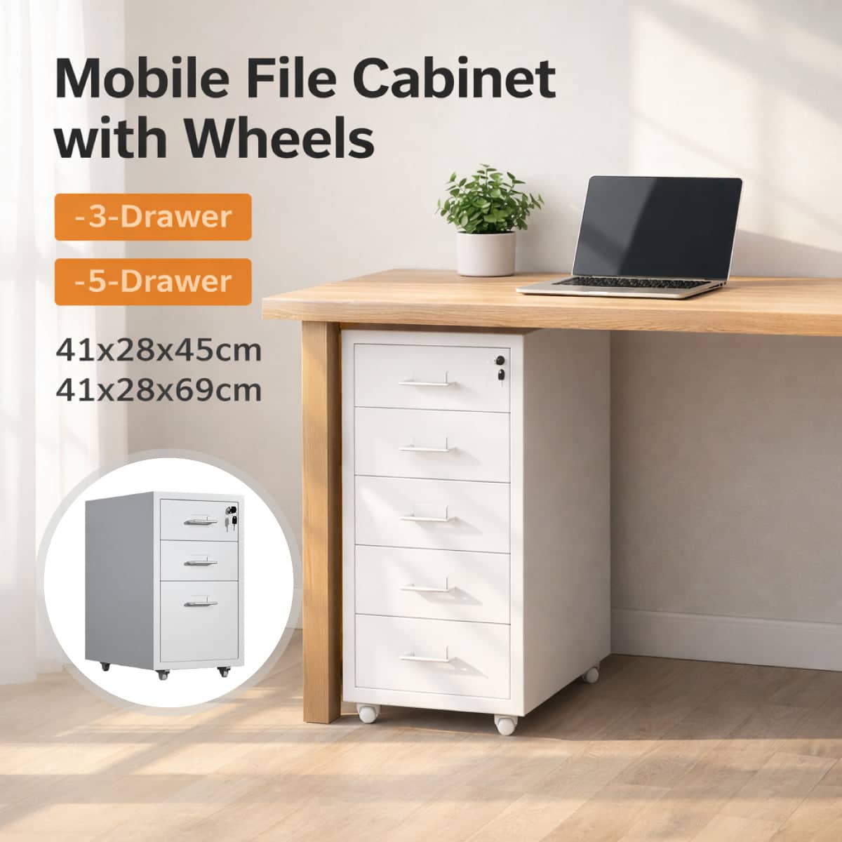 Lockable Mobile Metal File Cabinet with Wheels, White - 3 Drawer - view 2