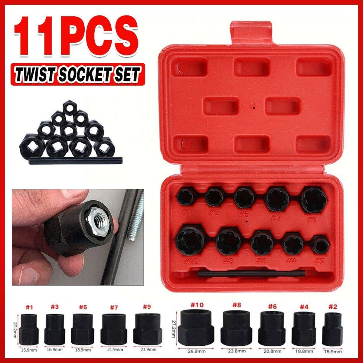 Locking Wheel Nut Remover Socket Set for Damaged and Rounded Bolts, 11 Piece
