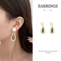 Long Dangle Earrings for Young Women, Olive Green Stone and White Pearls