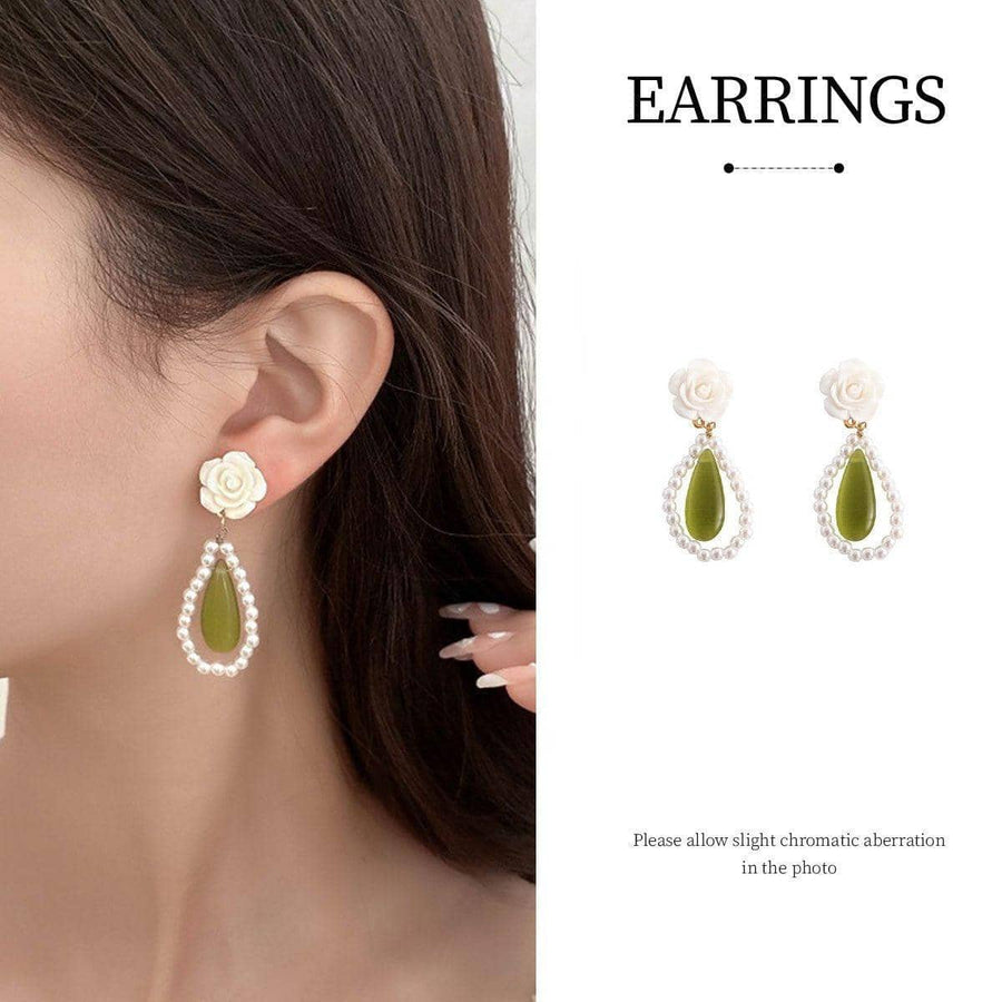 Long Dangle Earrings for Young Women, Olive Green Stone and White Pearls