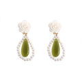 Long Dangle Earrings for Young Women, Olive Green Stone and White Pearls - view 2