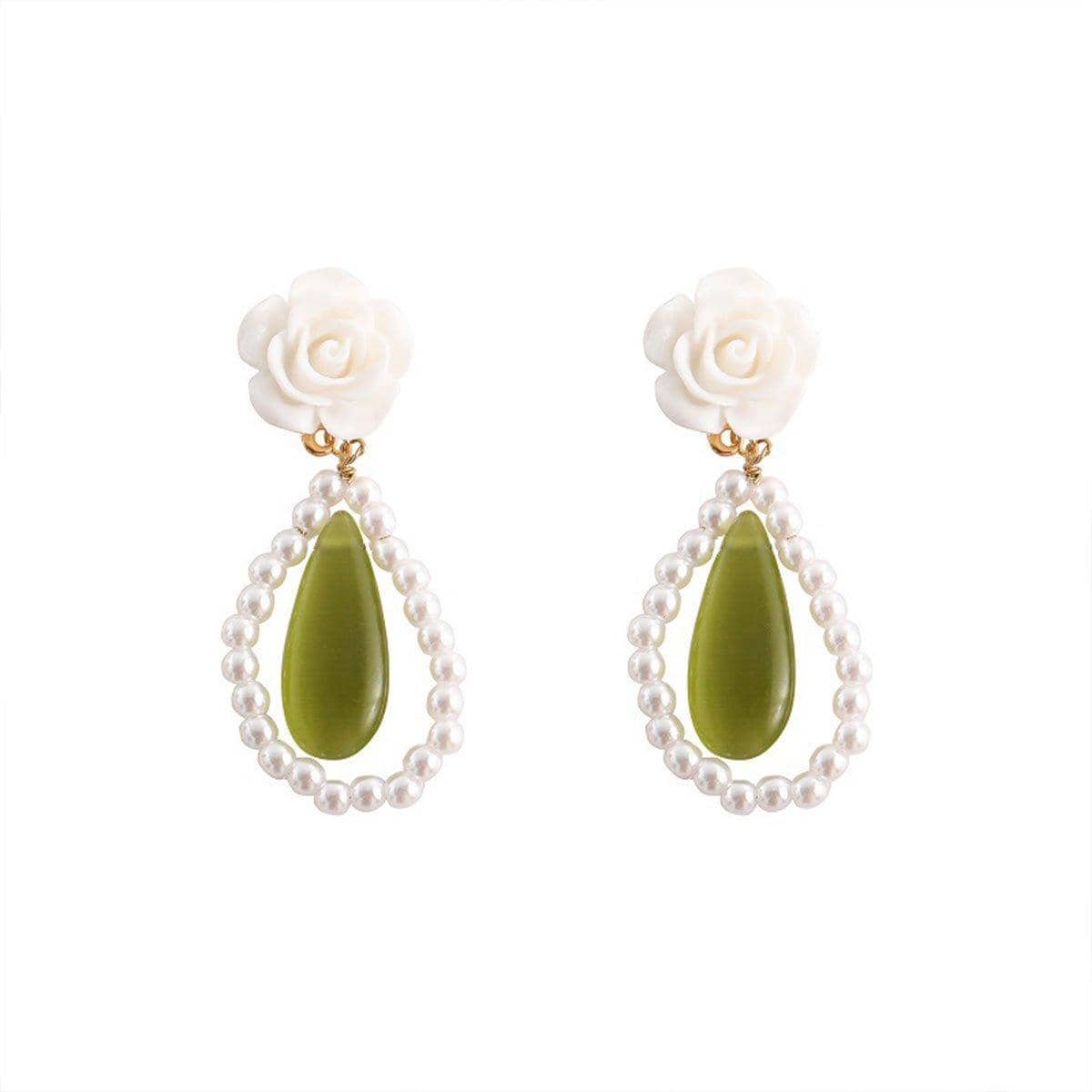 Long Dangle Earrings for Young Women, Olive Green Stone and White Pearls - view 2