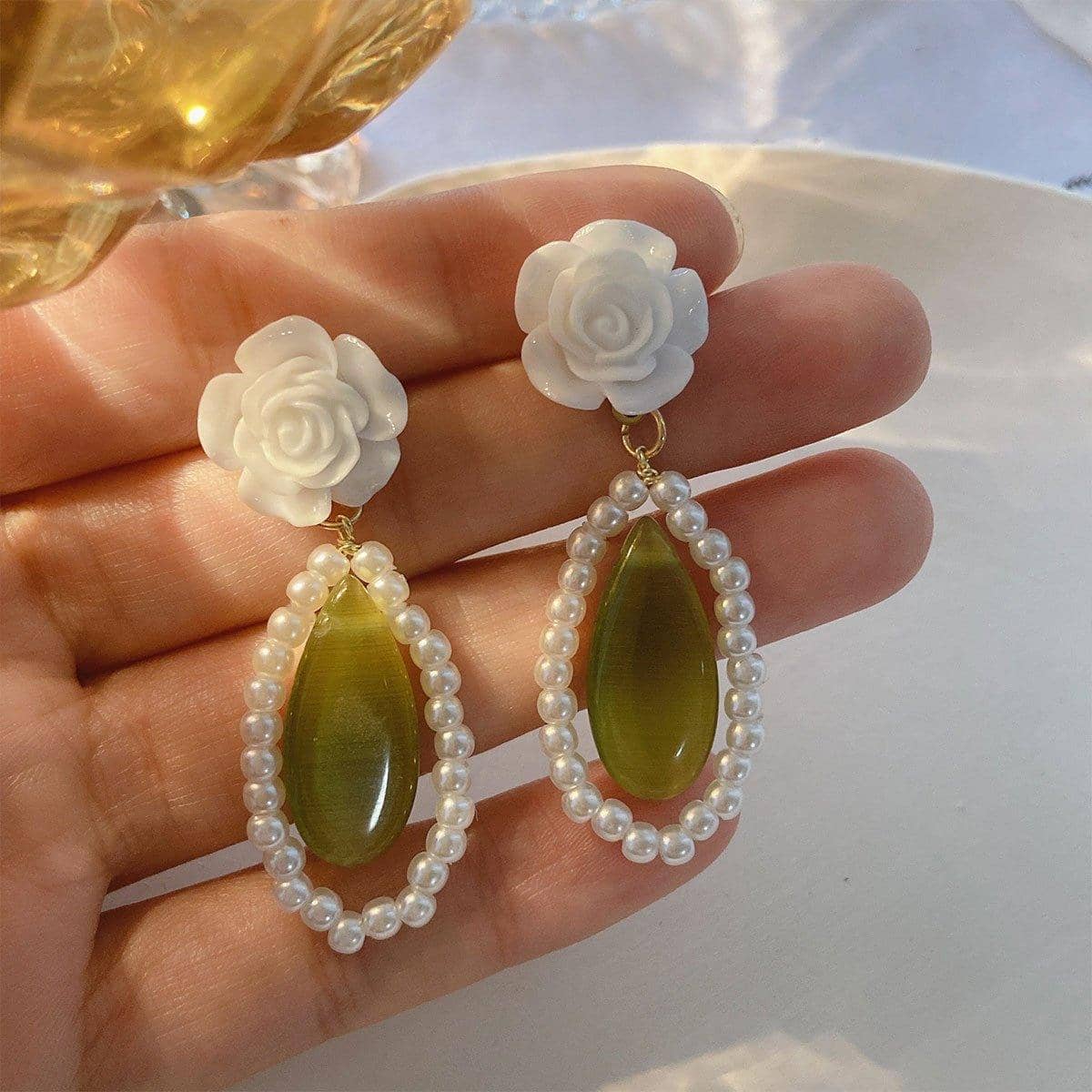Long Dangle Earrings for Young Women, Olive Green Stone and White Pearls - view 3