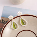Long Dangle Earrings for Young Women, Olive Green Stone and White Pearls - view 4