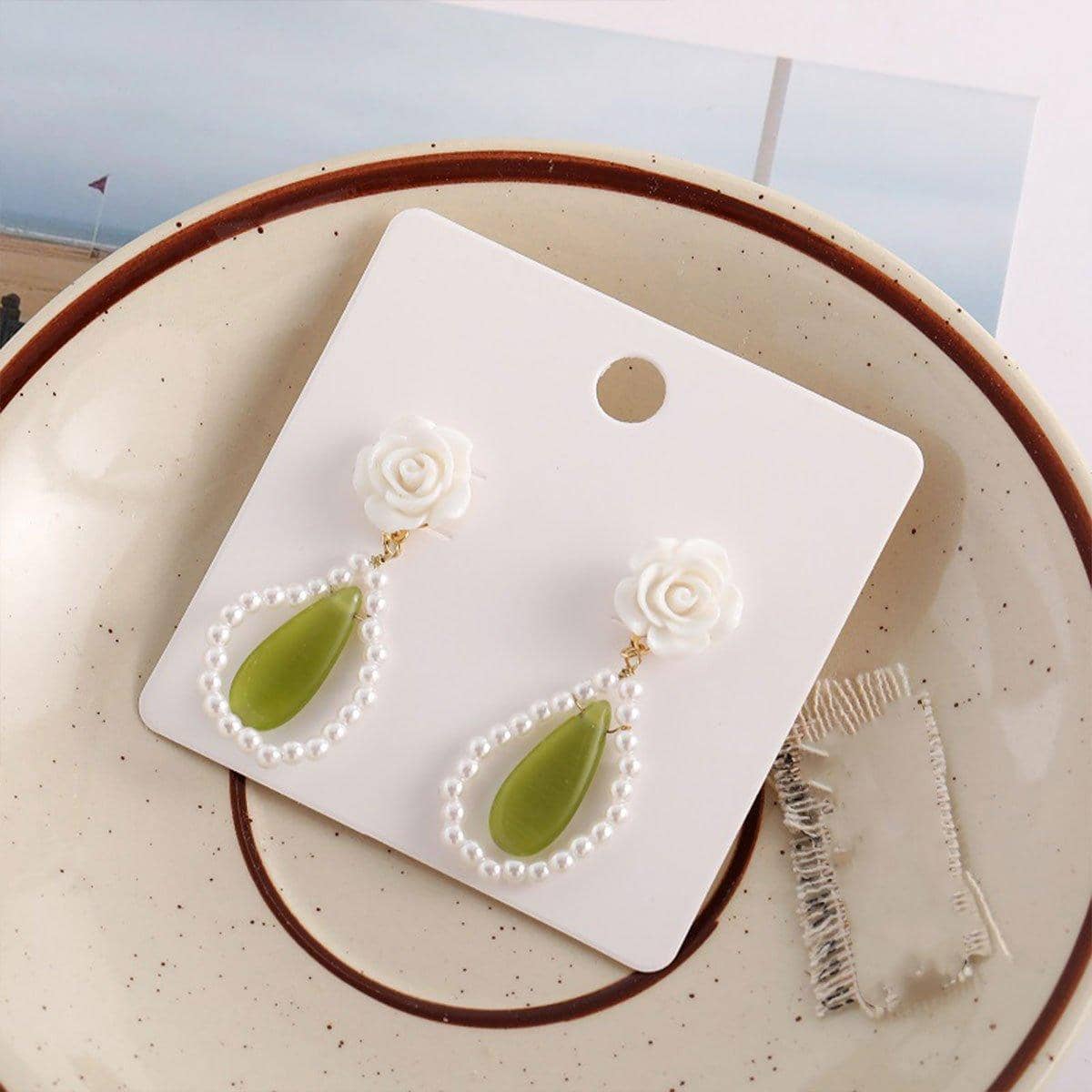 Long Dangle Earrings for Young Women, Olive Green Stone and White Pearls - view 5