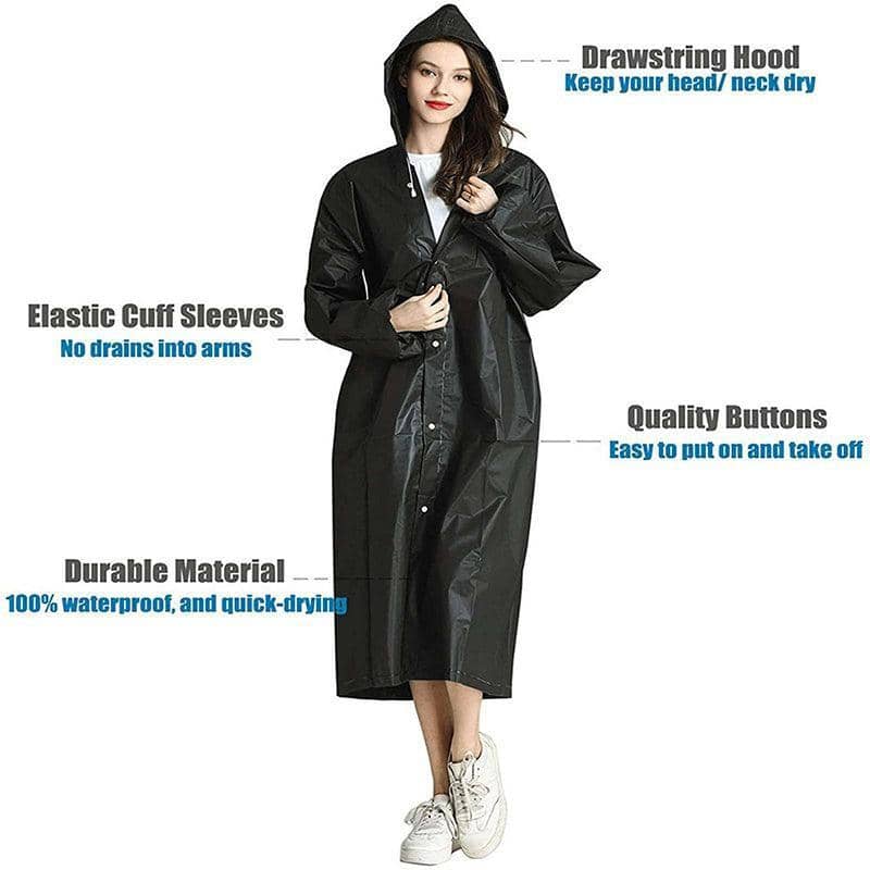 Long Hooded Waterproof Raincoat for Men and Women - Black - view 4