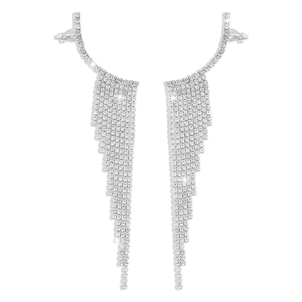 Long Rhinestone Tassel Drop Earrings, Alloy - Silver