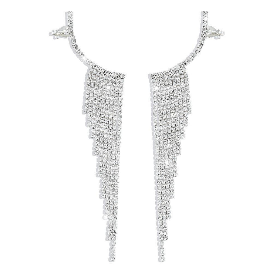Long Rhinestone Tassel Drop Earrings, Alloy - Silver