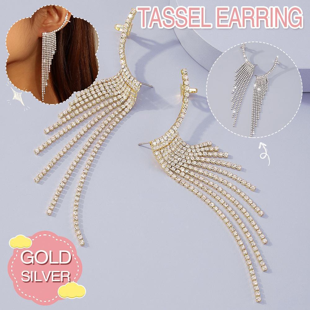 Long Rhinestone Tassel Drop Earrings, Alloy - Silver - view 2