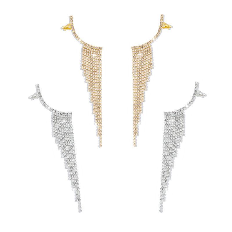 Long Rhinestone Tassel Drop Earrings, Alloy - Silver - view 3