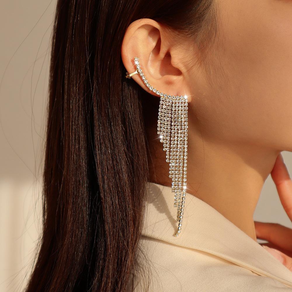 Long Rhinestone Tassel Drop Earrings, Alloy - Silver - view 4