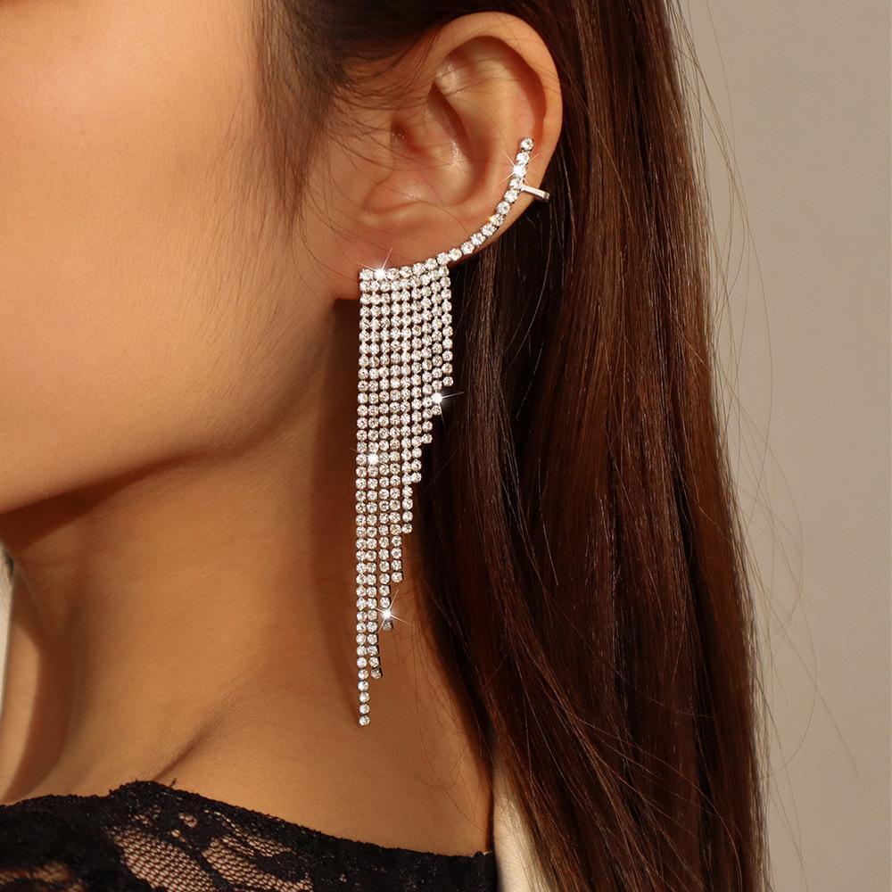 Long Rhinestone Tassel Drop Earrings, Alloy - Silver - view 5