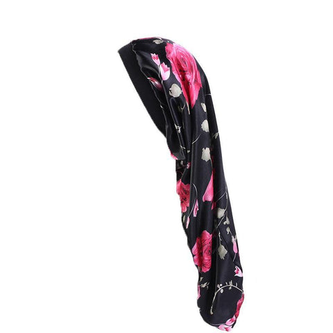 Long Satin Hair Bonnet Sleep Cap 63cm for Long Hair - Black Flower