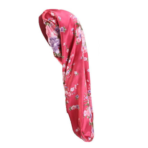 Long Satin Hair Bonnet Sleep Cap 63cm for Long Hair - Wine Red Flower