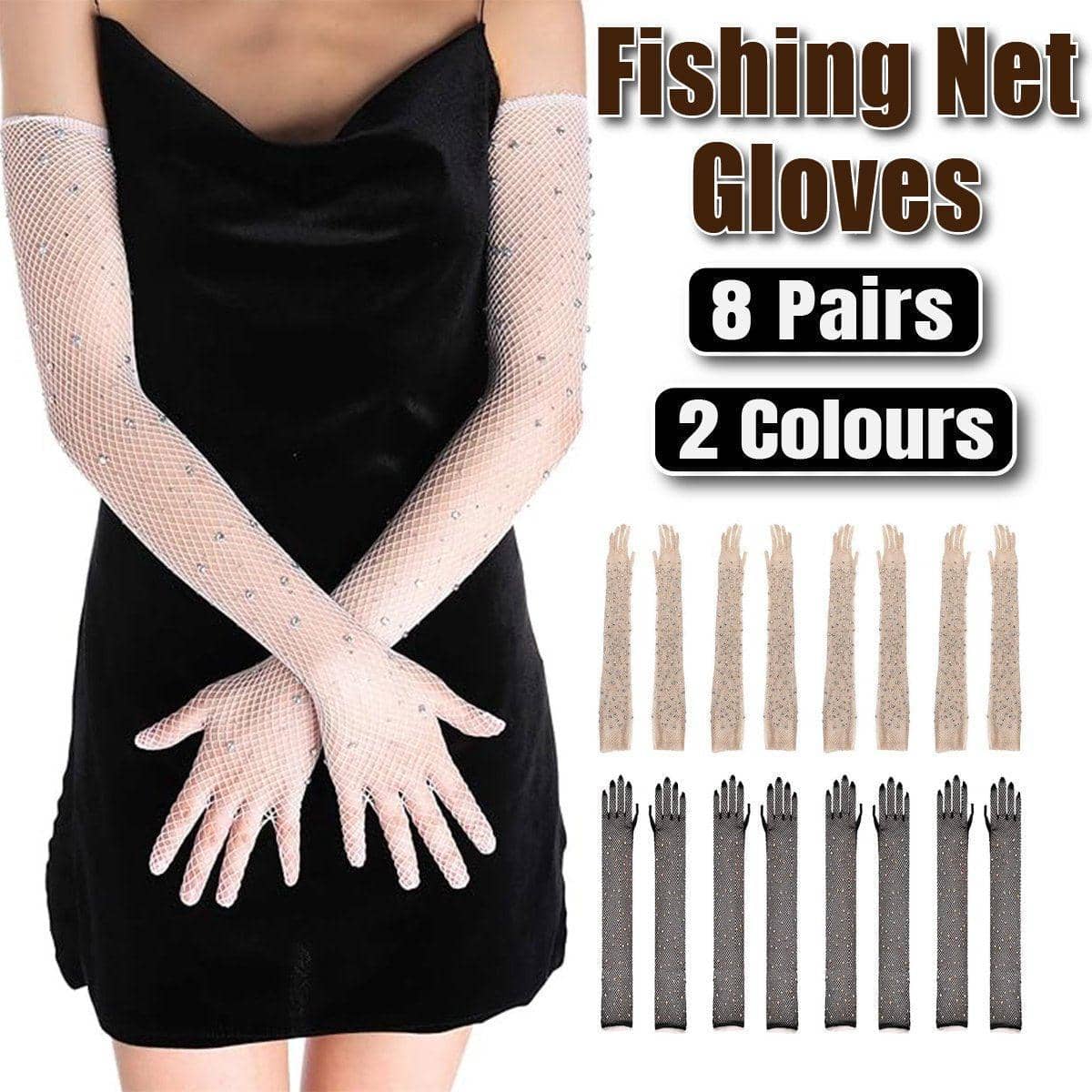 Long Sleeve Fishnet Gloves with Rhinestones - Black and White, Pack of 8 Pairs
