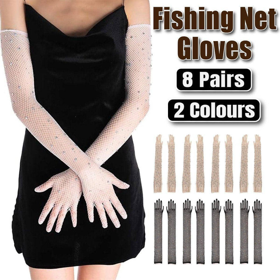 Long Sleeve Fishnet Gloves with Rhinestones - Black and White, Pack of 8 Pairs