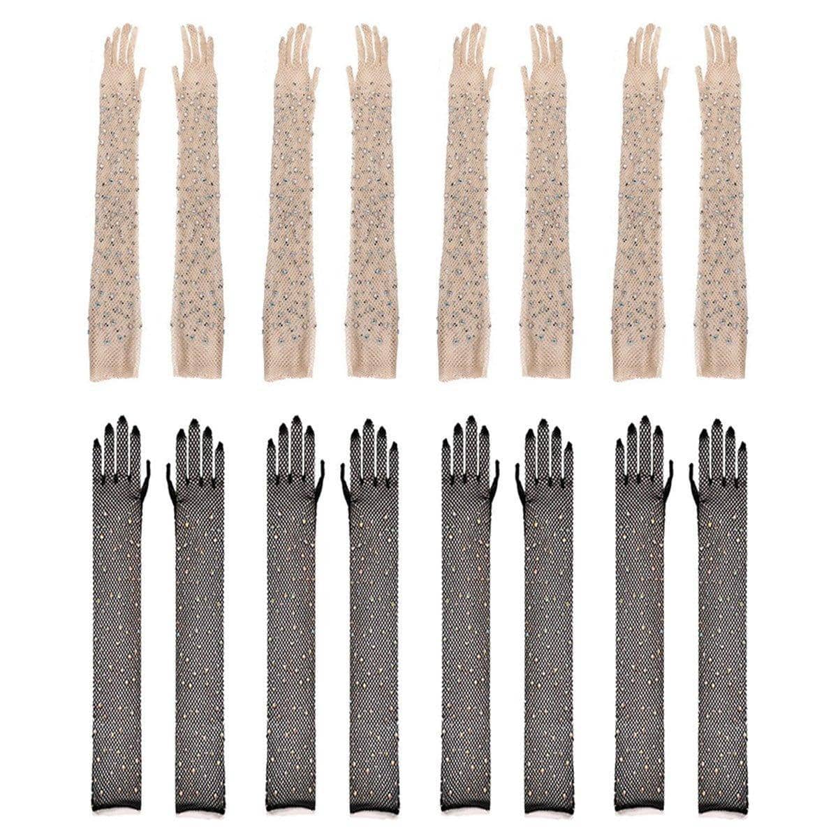 Long Sleeve Fishnet Gloves with Rhinestones - Black and White, Pack of 8 Pairs - view 2