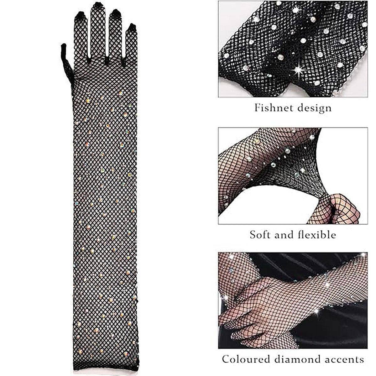 Long Sleeve Fishnet Gloves with Rhinestones - Black and White, Pack of 8 Pairs - view 5