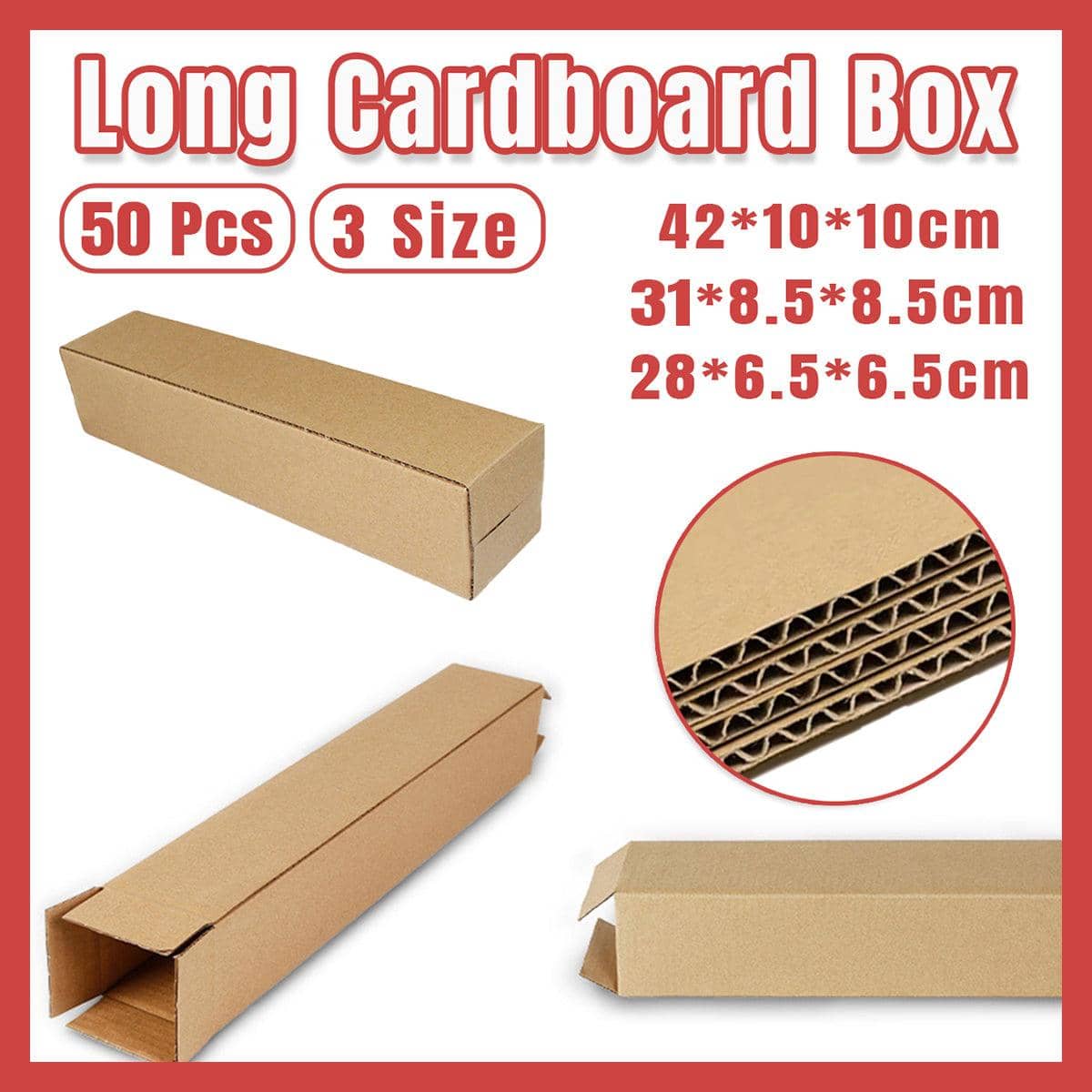 Long Strip Corrugated Cardboard Shipping Boxes, Pack of 50 - Large (42 x 10 x 10 cm) - view 2
