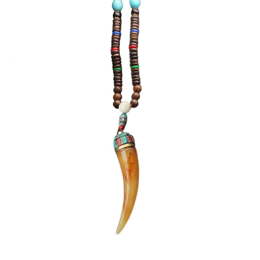 Long Wooden Bead Necklace with Ox Horn Pendant - Multicolour