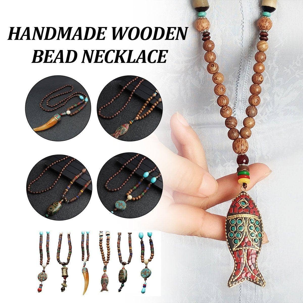 Long Wooden Bead Necklace with Ox Horn Pendant - Multicolour - view 2