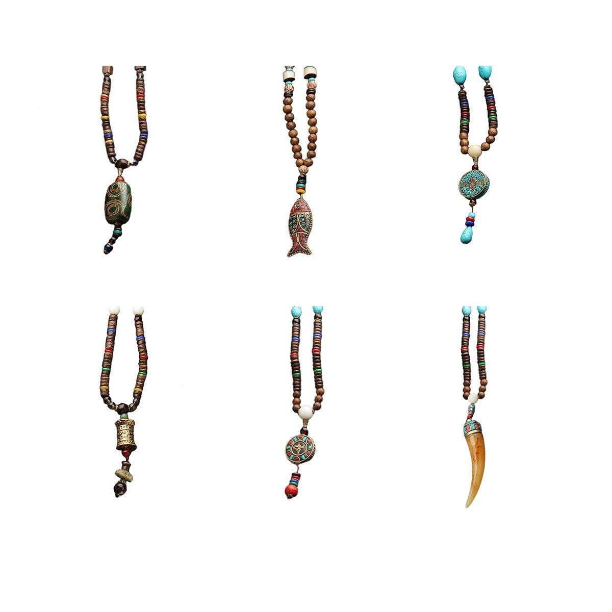 Long Wooden Bead Necklace with Ox Horn Pendant - Multicolour - view 3