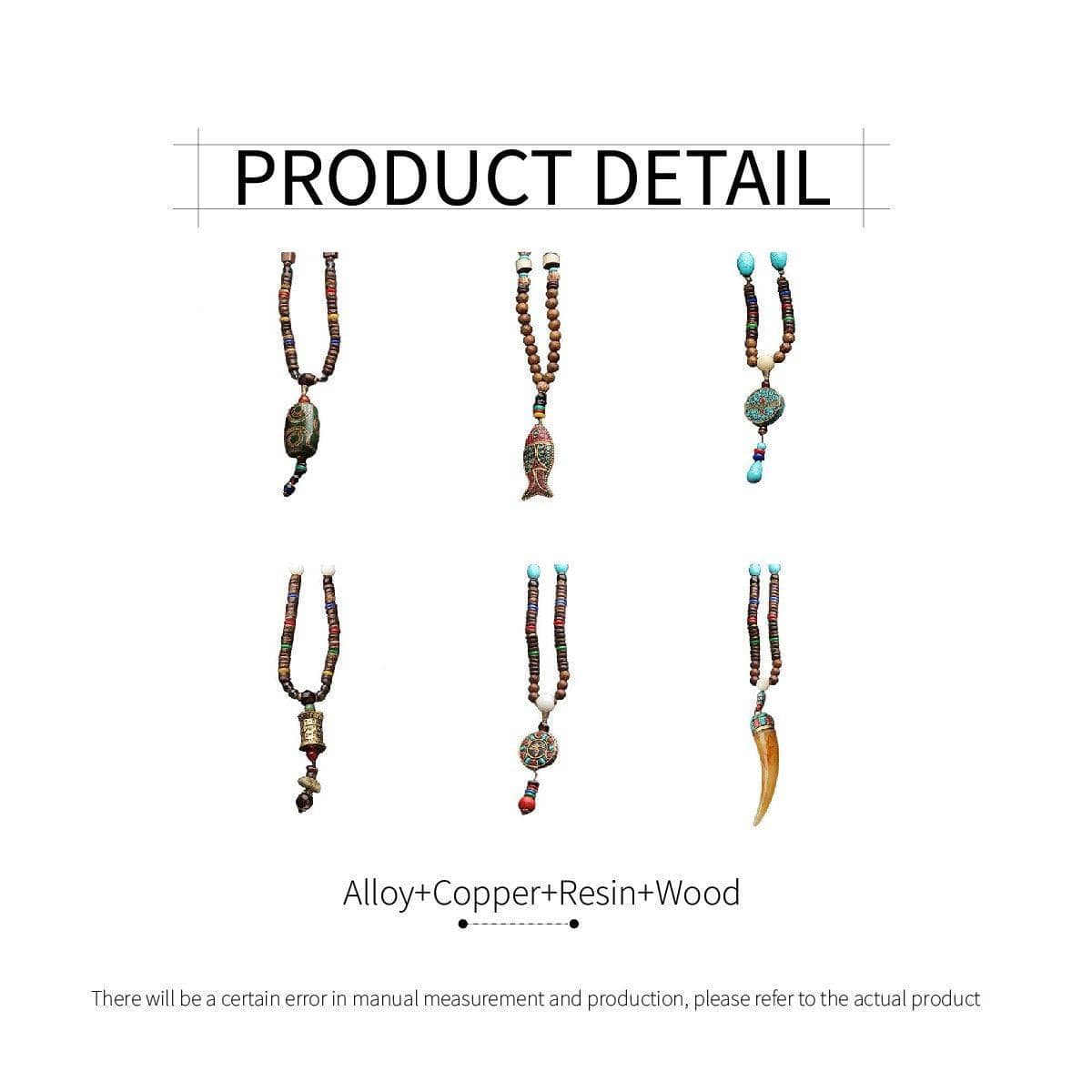 Long Wooden Bead Necklace with Ox Horn Pendant - Multicolour - view 4