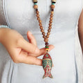 Long Wooden Bead Necklace with Ox Horn Pendant - Multicolour - view 5