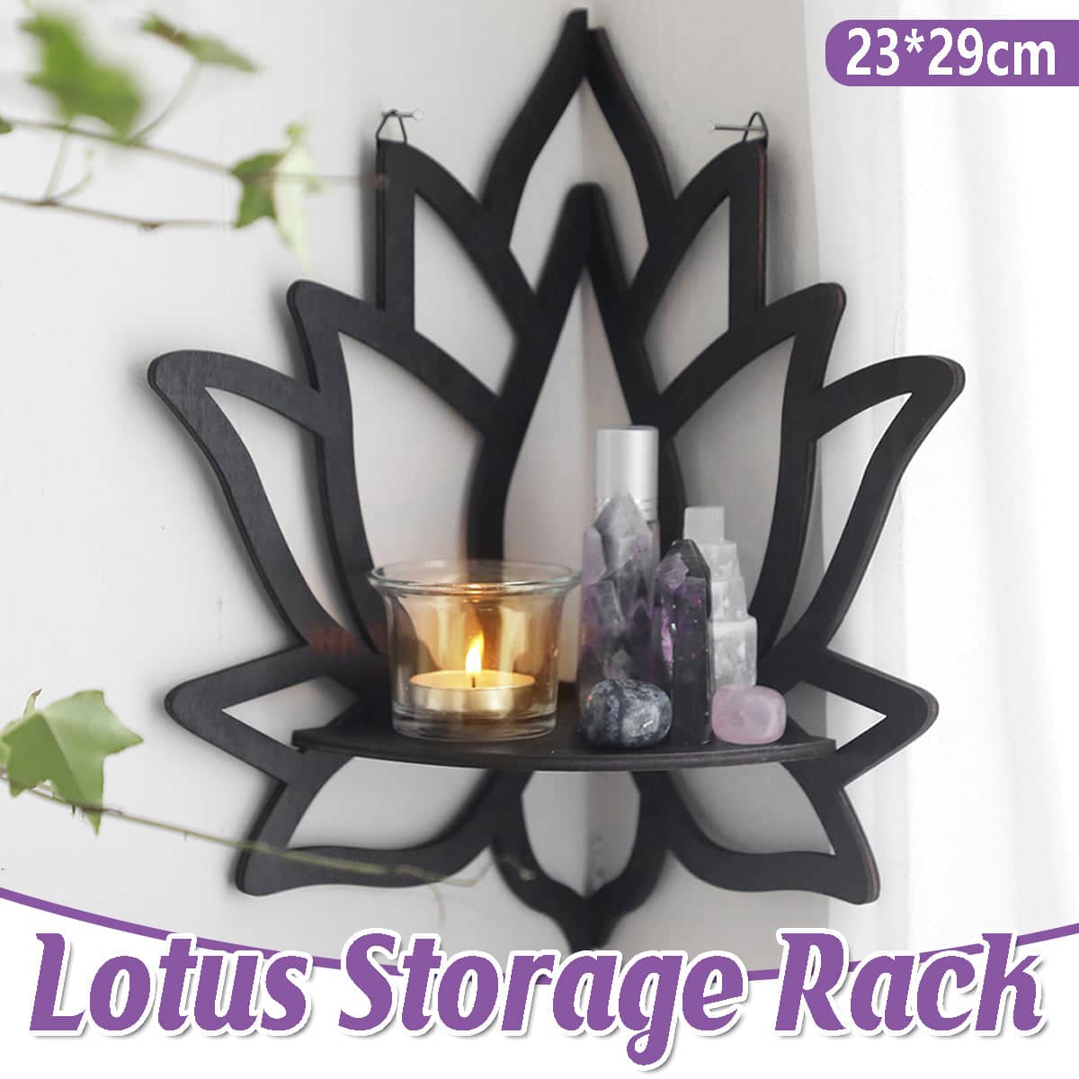 Lotus Shape Wall Mounted Floating Corner Shelf Boxwood Storage Rack, Black