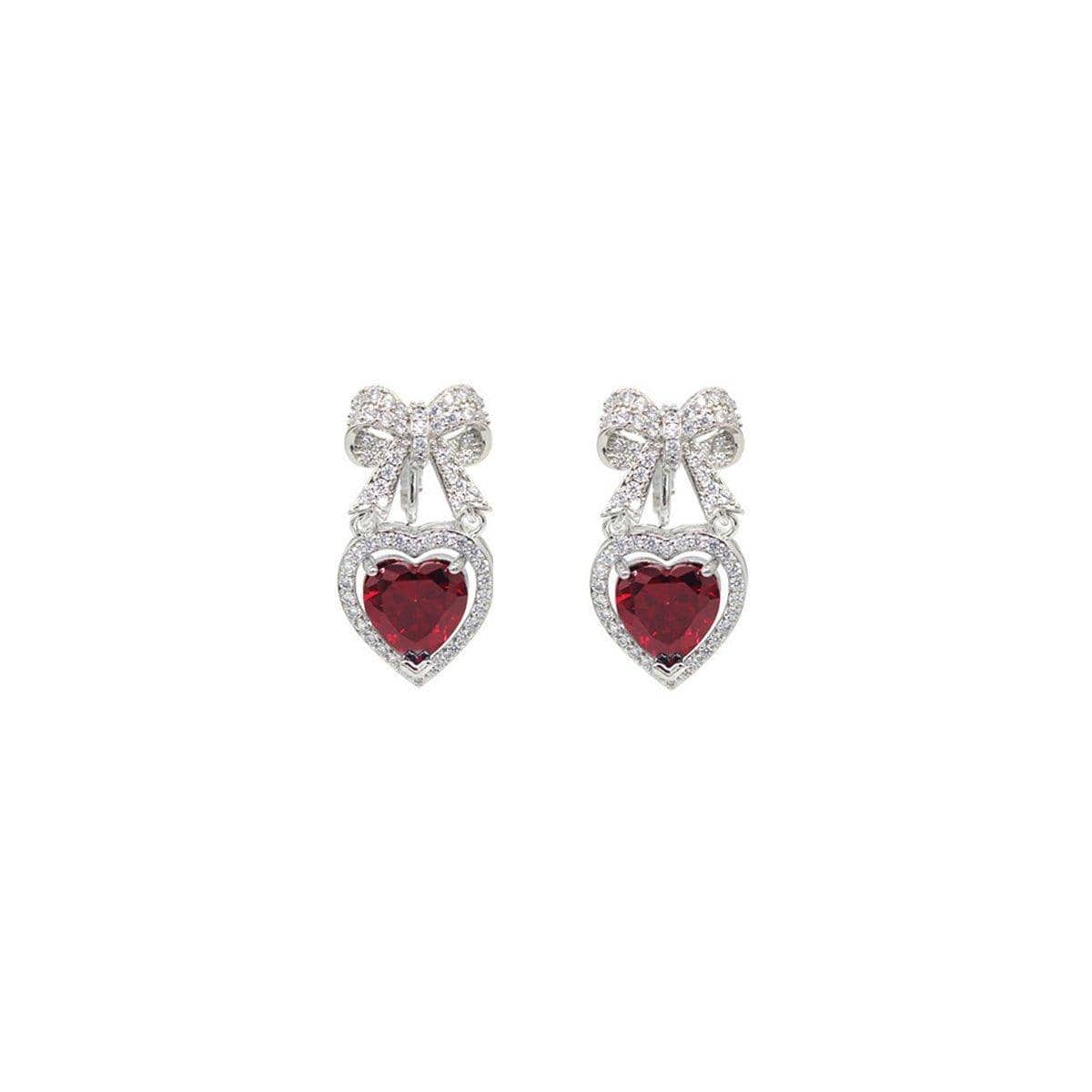 Love Bow Stud Earrings with Red Heart Crystal - Red