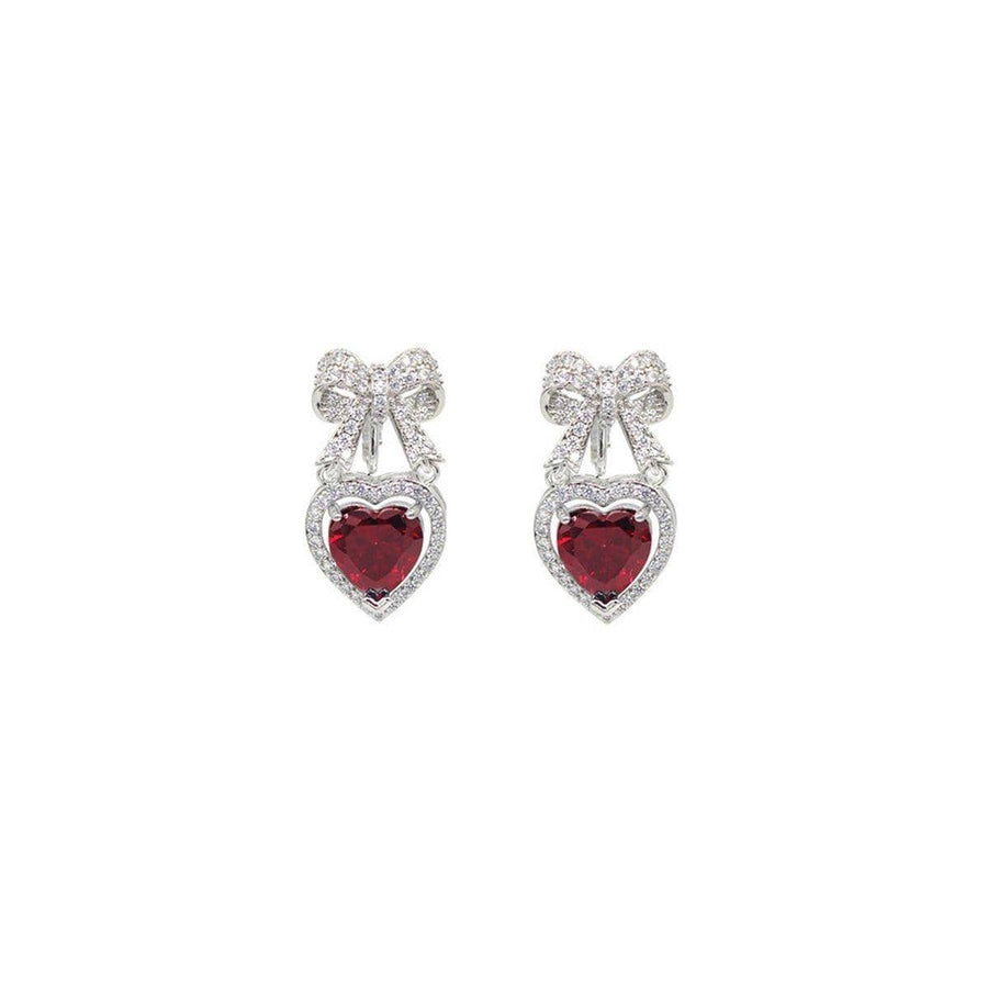 Love Bow Stud Earrings with Red Heart Crystal - Red