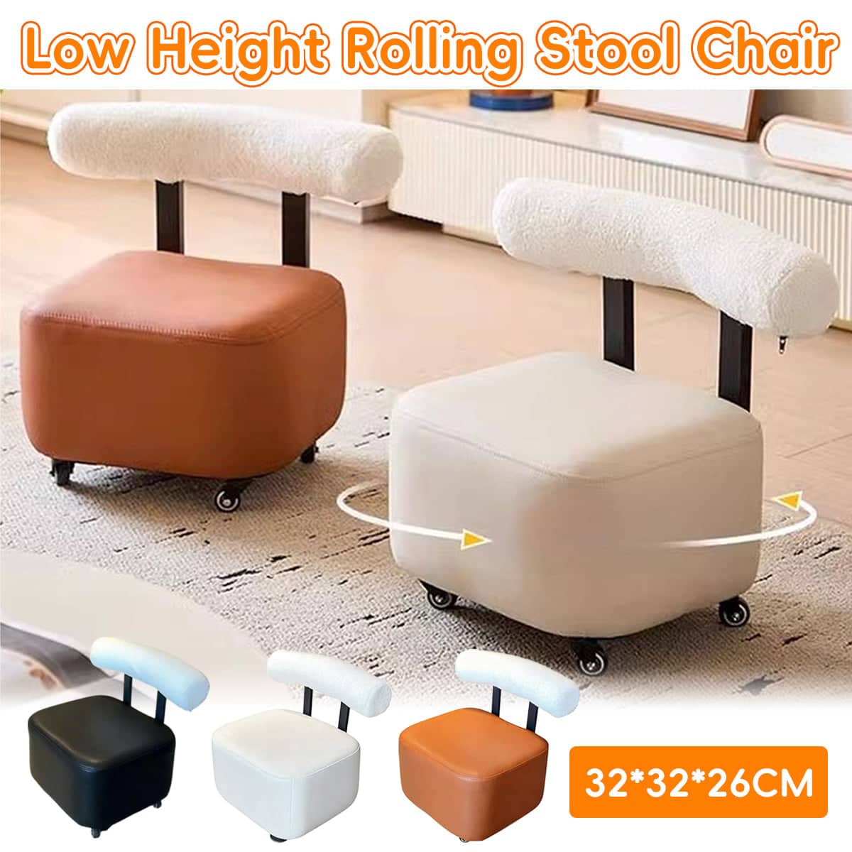 Low Rolling Stool with Curved Backrest, 32 x 32 x 26 cm - White - view 2
