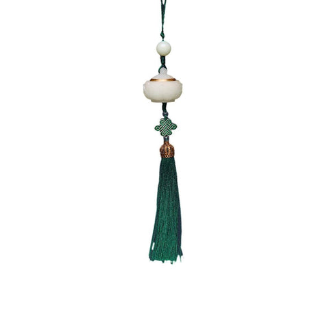 Luminous Stone Chinese Style Key Chain - Lotus Charm with Knot, Dark Green Tassel