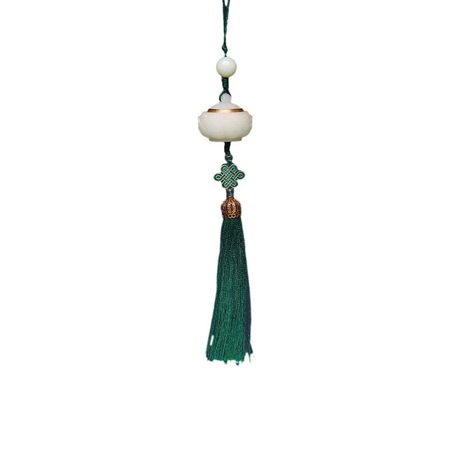 Luminous Stone Chinese Style Key Chain - Lotus Charm with Knot, Dark Green Tassel