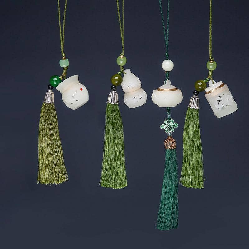 Luminous Stone Chinese Style Key Chain - Lucky Bag Charm with Red Dot, Olive Green Tassel - view 5