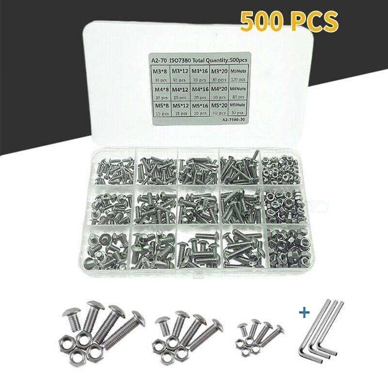 M3 M4 M5 304 Stainless Steel Hex Socket Button Head Bolts, Screws and Nuts Kit, Pack of 500 - view 4